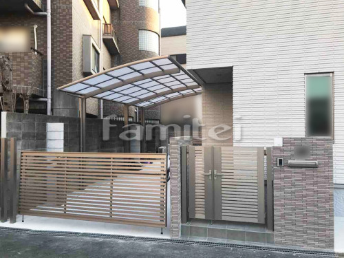 親子両開き 門扉 LIXIL AB YS1型 太横桟 カーポート1台+延長 (1.5台縦連棟) LIXIL ネスカR アール屋根 1台 跳ね上げ門扉ゲート LIXIL オーバードアS3型 土間コンクリート 土間コンクリート シンプル