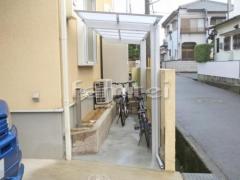 自転車バイク屋根 土間コンクリート 洗い場 土留め化粧ブロック